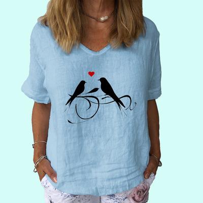 Damenmode Kurzarm Oberteil Sommer Casual V-Ausschnitt T-Shirt Damen Print Baumwolle Leinen T-Shirt
