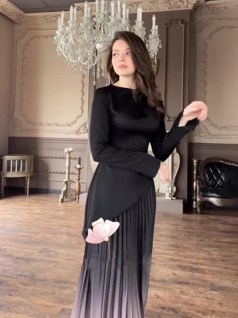 Autumn 2024 Tie-Dye Slimming Gradient Pleated Long Dress for Women