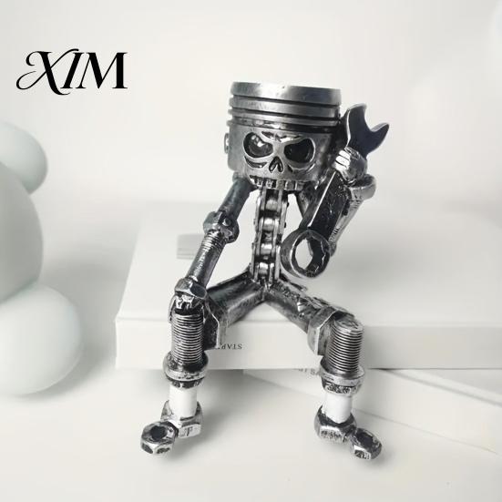 Cyberpunk Style Collectible Mechanical Skull Figurine with Gear Base, Industrial Piston-Head Skeleton Statue Wrench, Gift for Car Lovers Gearheads