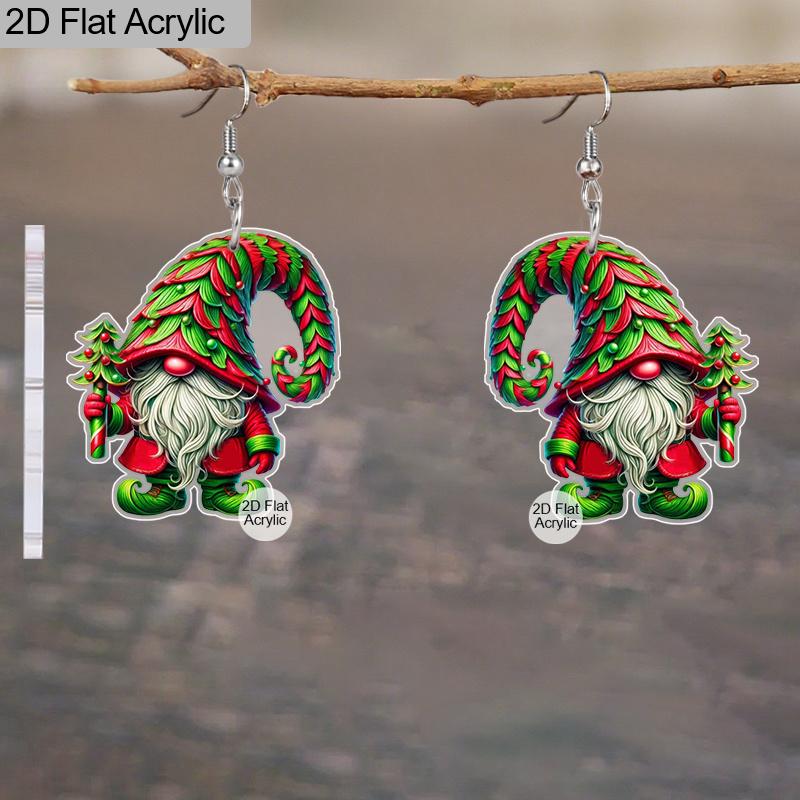 2D Flat 2pairs Red and Green Dwarf Acrylic Dangle Earrings, Perfect Gift for Women, Christmas Party Jewelry
