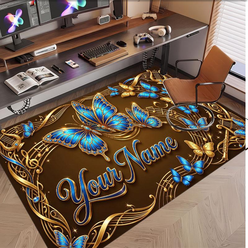Butterfly Theme Soft Crystal Velvet Rug Custom Name & Text Print Non Slip Floor Rug for Bedroom Living Room