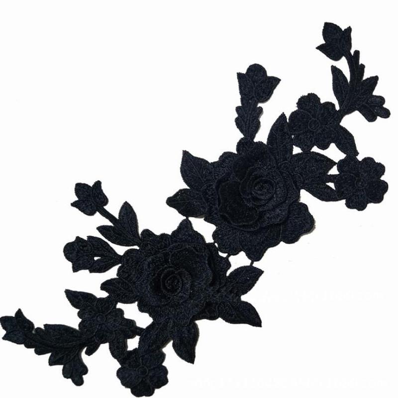 1 Pc Black White 3D Roses Flowers Embroidery Sew  On Patches Sewn Applique Embroidered DIY Clothes