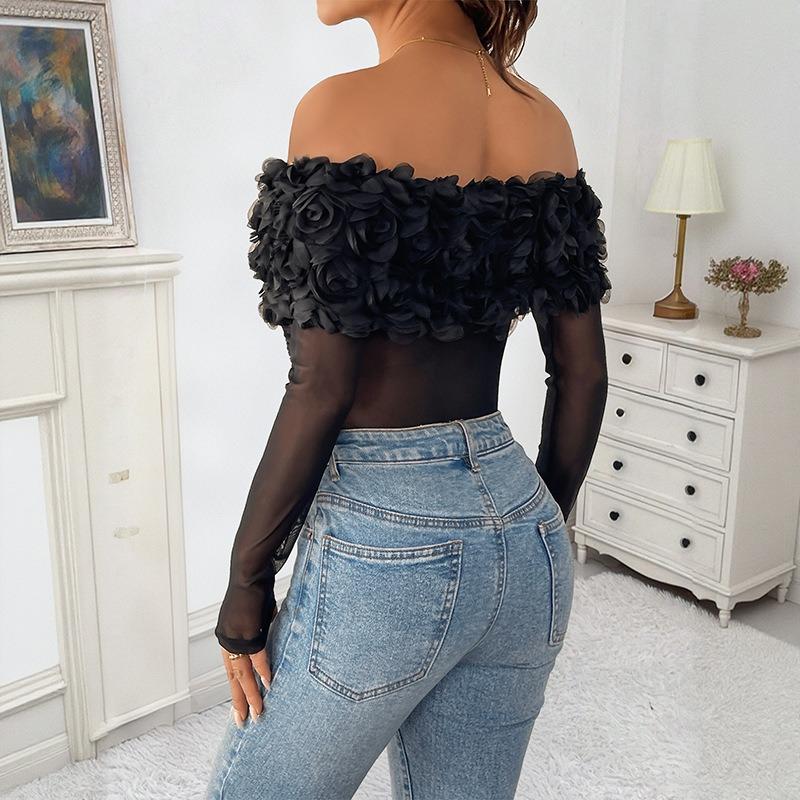 Women Sexy Mesh Off Shoulder Floral Long Sleeve Tight High Waist One Piece Jumpsuit