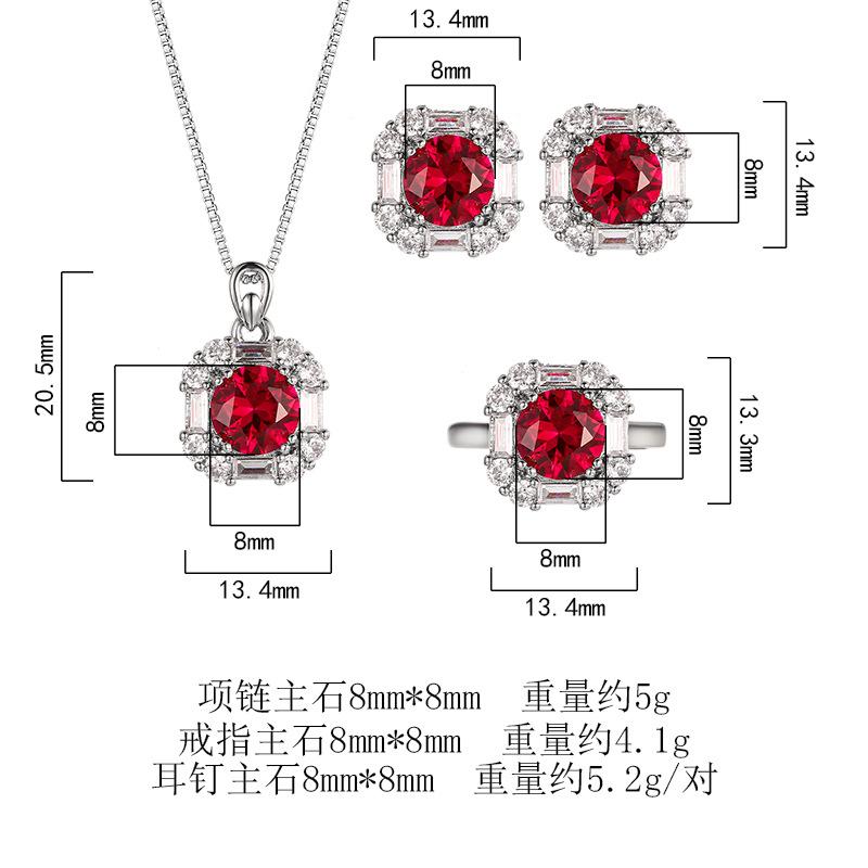 Copper Gold-plated Jewelry Set Earrings Necklace Ring Ruby Niche Simple Fashion Women's