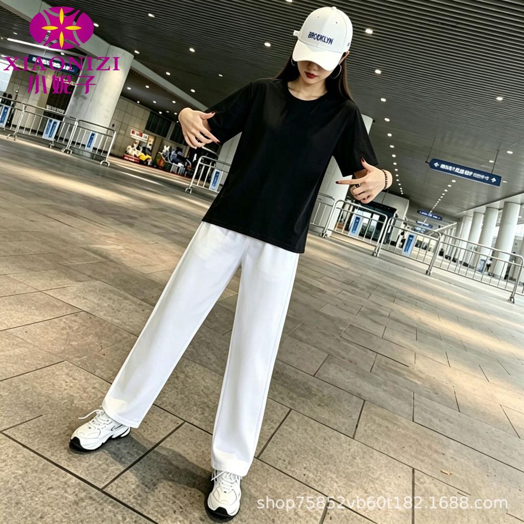 Summer clothing large size sportswear foreign style new women's pure cotton short-sleeved loose top thin straight pants two-piece set