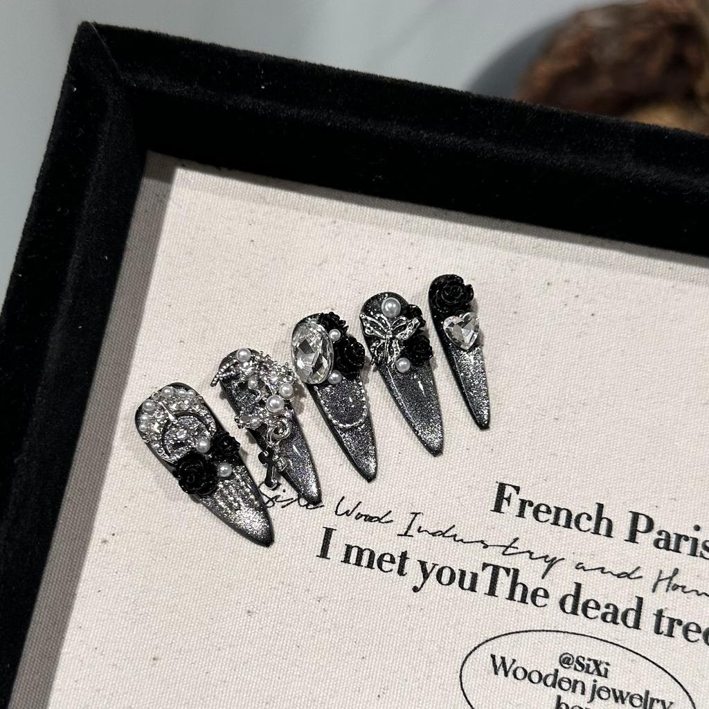 Quick Nails Handmade Wear Nail Pearl Camellia Fake Nails Black Drop Type Cat Eye Nail Art Light Therapy Nail Art Fake Nail Stickers Press On Nails