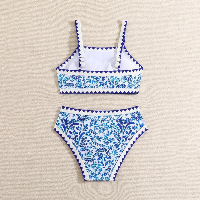 2025 Blue & White Porcelain Print Girls' Swimsuit - Holiday Beach Bikini Swimwear