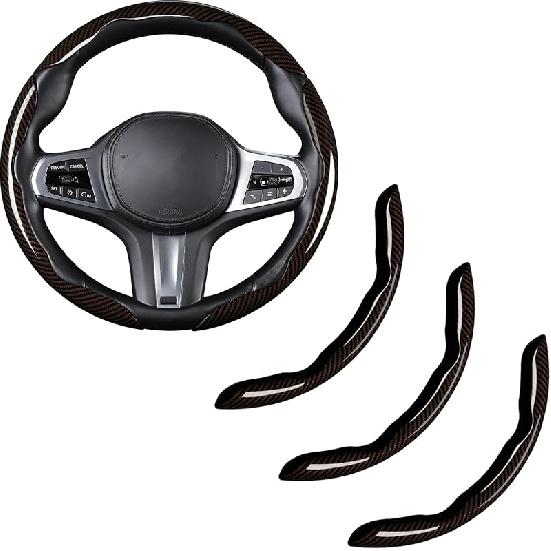 Carbon Fiber Steering Wheel Cover, Snap On Car Steering Wheel Cover Set Accessories 3Pcs Wrap Grip Non Slip Protector Universal Glossy Black