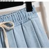 MODIQUE Sommer Übergröße Damen Locker Basics Elastisch Mock Zweiteiler Plissierte Kurze Röcke Weiblich Lässig Blaue Denim Kurze Hosen