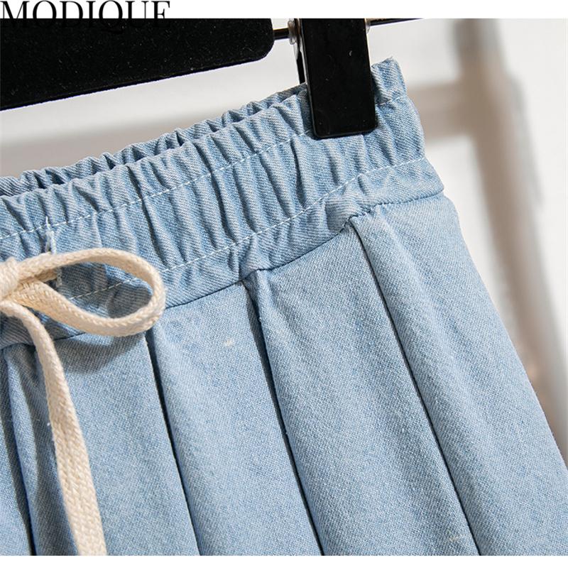 MODIQUE Summer Plus Size Women Loose Basics Elastic Mock Two-Piece Pleated Short Skirts Female Casual Blue Denim Short Pants
