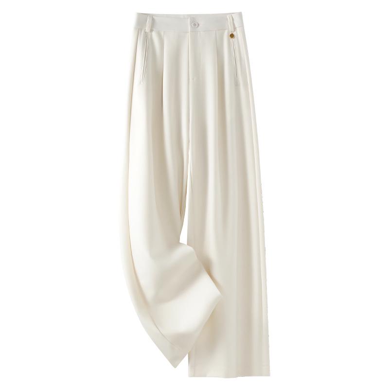 Gray Wide-Leg Wool Pants for Women - High-Waisted, Drapey, Straight-Leg Trousers, 2024 Spring/Autumn Collection