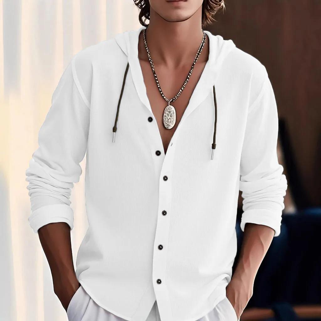 

Men s Casual Long Sleeve Hooded Shirt - Lightweight, Breathable Button-Up for Everyday Wear and Leisure Activities XXL белый