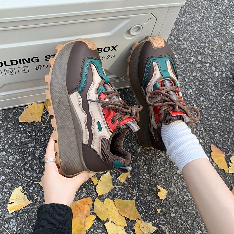 Women's Casual Sports Shoes Autumn New Round Head Color Matching Before Tying Thick Sole Anti-slip Wear-resistant Single Shoes