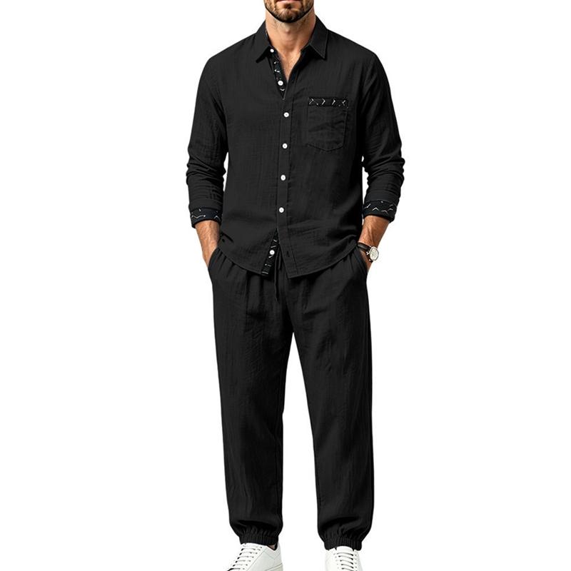 Men's 2‑Piece Linen‑Blend Set, Long‑Sleeve Button Shirt with Contrast Pattern Trim & Chest Pocket, Drawstring Jogger Pants Breathable Casual Outfit