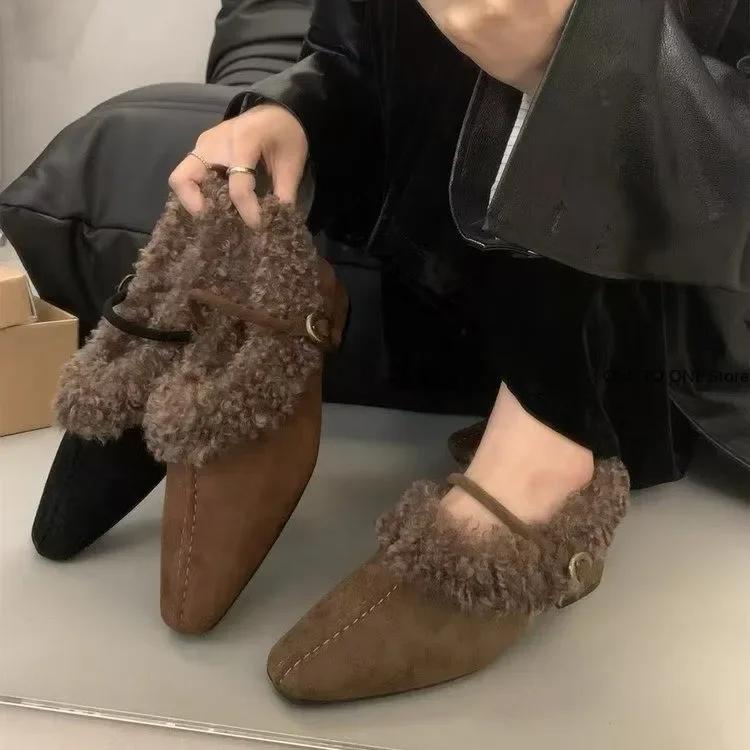 Fashion 2025 Mary Janes  Elegant Metal Buckle Woman Chic Brand Design Fur Women Low Heel Dress Shoes Ladies Winter Warm Plush Belt Pump