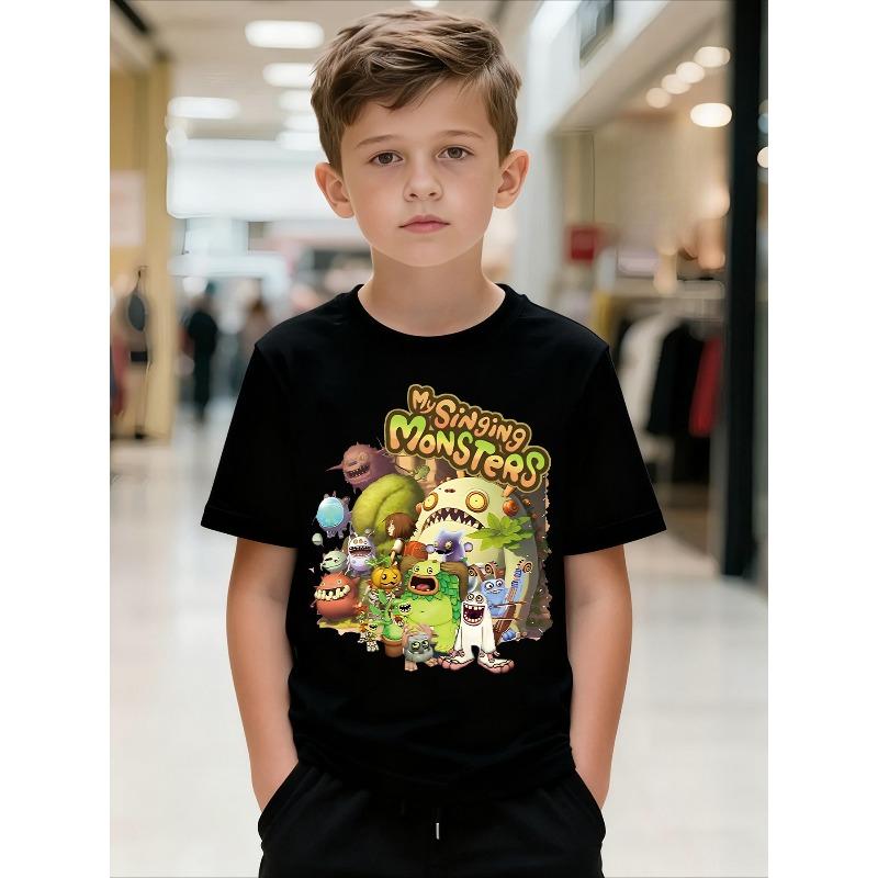 Boys Crewneck Short Sleeve Tee, Full Singing Monster Game Character Print
