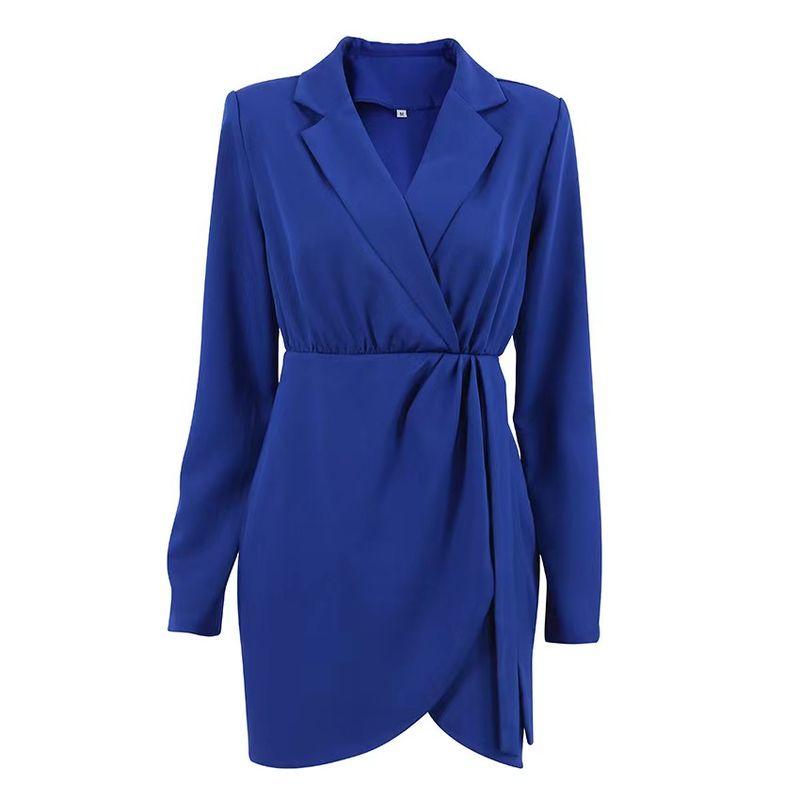 

Fashion Style New Arrival Waist-Tight Suit Collar Long Sleeves Dress Suit Collar Waist Closing Dres Blue L