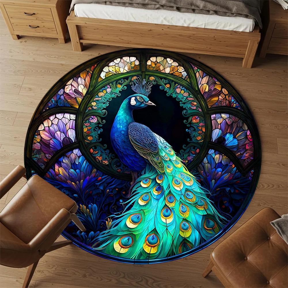 1pc Peacock StainedGlass Round Chair mat office Area Rug - Non-Slip, Floor Mat for Office, Bedroom, Ideal home decor gift c0112068