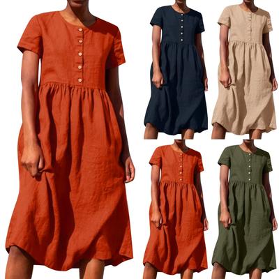 Women's Round Neck Short Sleeve Patchwork Button Solid Color Cotton Linen Dress