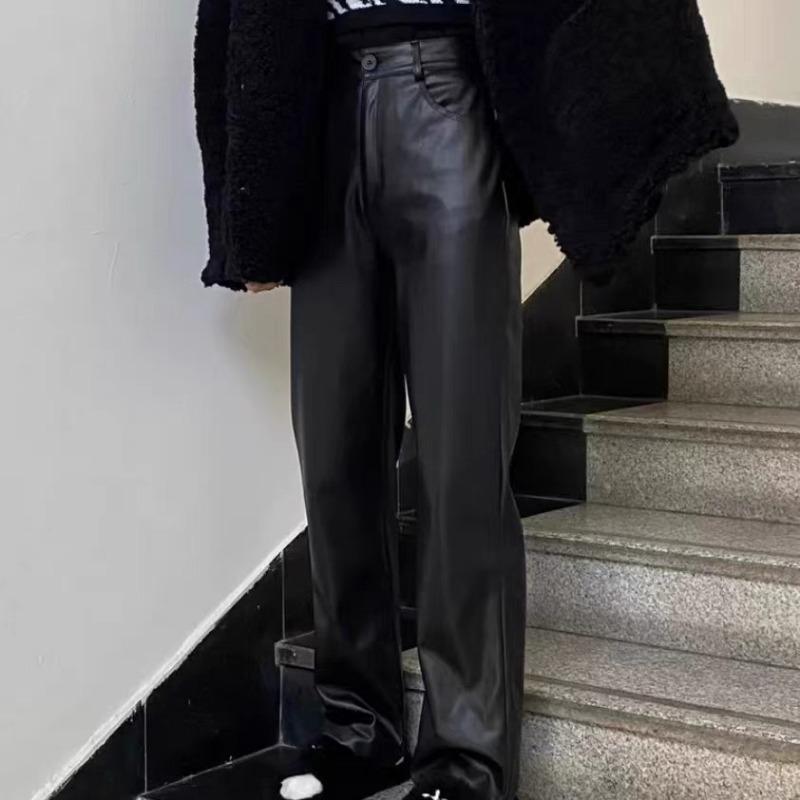 Leather Pants Women's Casual Slimming Trousers High Waist Straight Wide Leg Floor Trousers