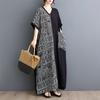 Summer Thin Cotton Linen Artistic Loose Slimming V-neck Short Sleeved Mid Length Dress for Women