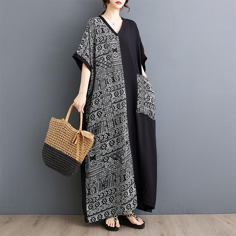 Summer Thin Cotton Linen Artistic Loose Slimming V-neck Short Sleeved Mid Length Dress for Women