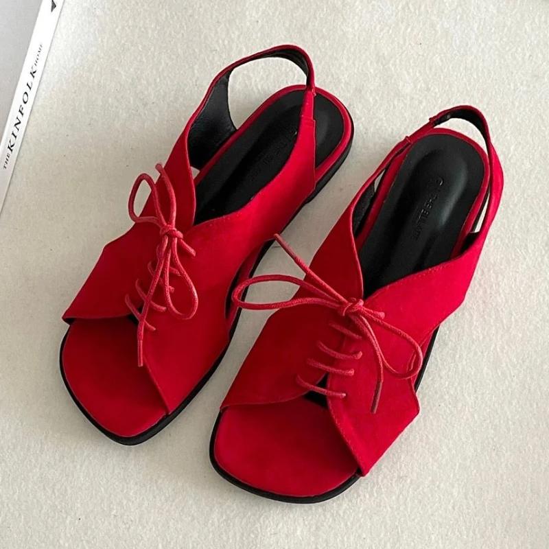 Fashion Retro Roman Style Flat Sandals Women Brown Faux Suede Lace Up Designer Shoes Comfort Open Toe Soft Sole Beach Shoe Zapatos Mujer