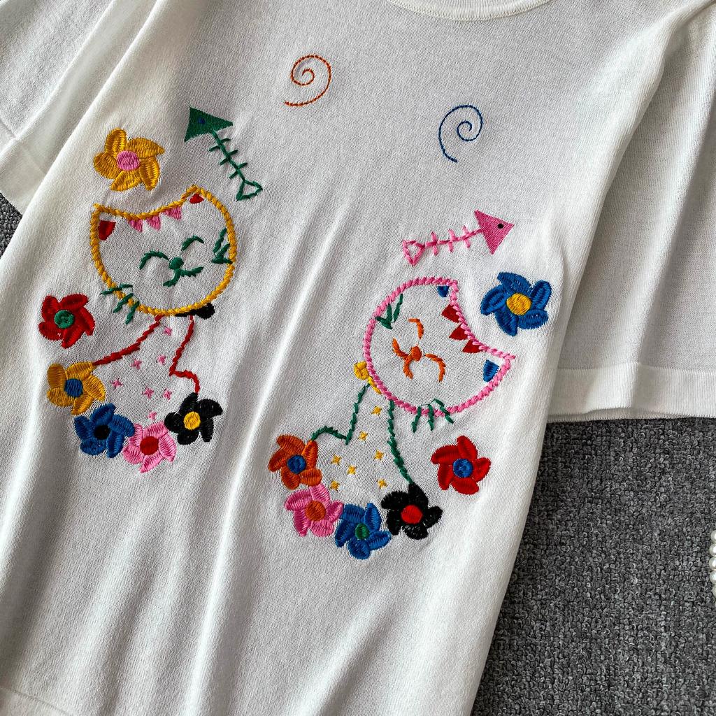 Summer Women College Sweet Cat Embroidery Knitted Sweater Pullover Tops For Girl