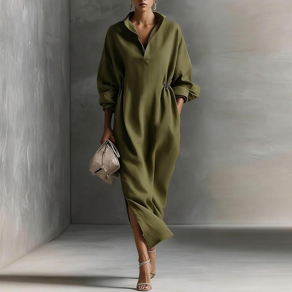 Women's Loose Fit Long Sleeve Shirt Collar Dress with Waist Drawstring and Side Pockets Casual Button Down Midi Dress for Spring Summer