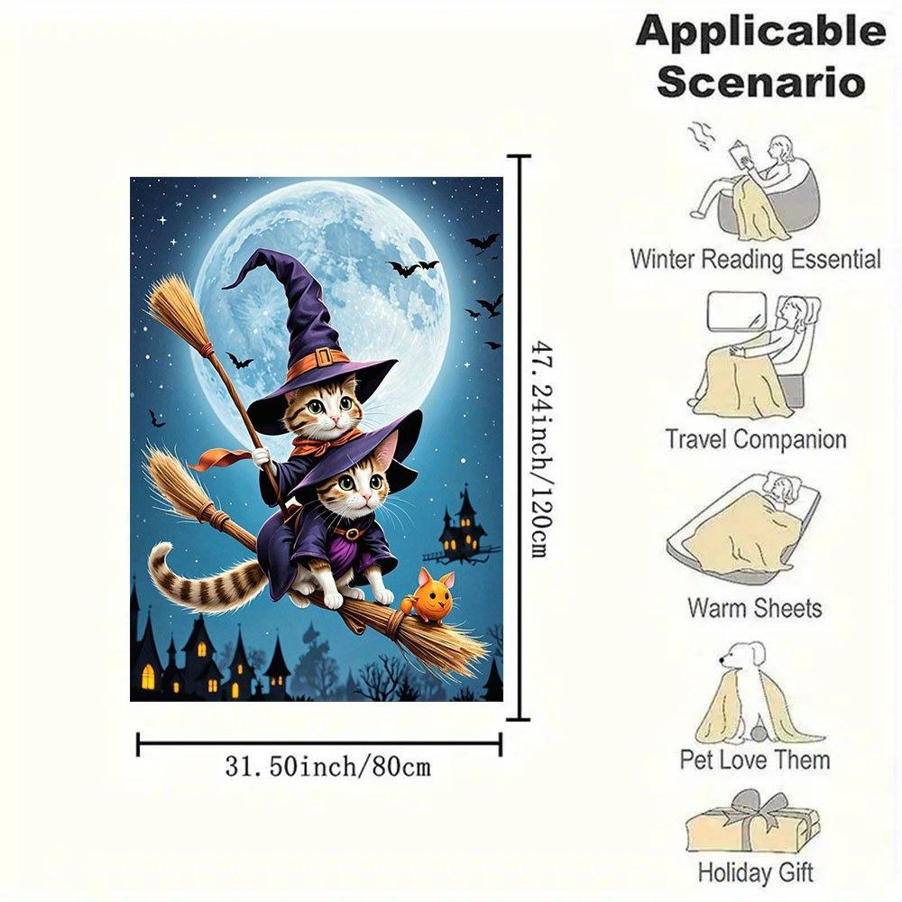 Halloween Witch Cats on Broomstick Wall Art PrintBlanket Flannel Throw Blanket for Sofa, Bed, Travel, Camping, Office, Couch, Chair