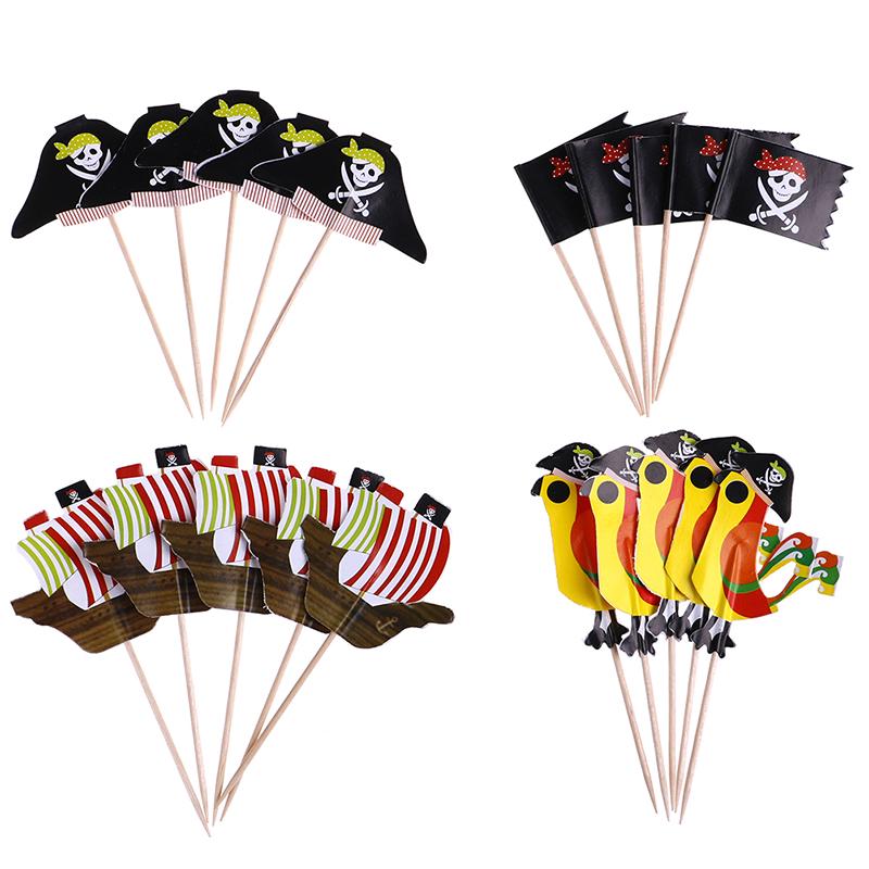 24Pcs Cake Toppers Pirate Theme Fruit Picks Insert Card Halloween Party Decor