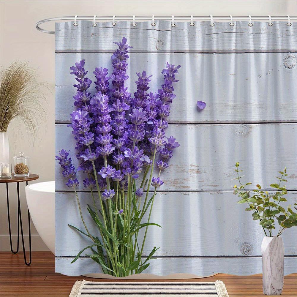 

1Pc Lavender Bouquet Shower Curtain With Purple Flowers And Green Stems Against Light Gray Wooden Background Simple W60H190(CM)-1 Pcs