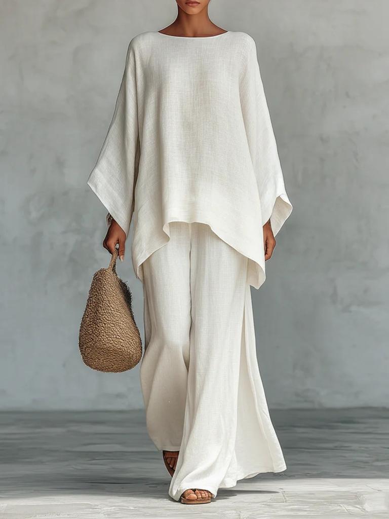 European and American new women's simple and loose linen blended shirt wide-leg pants set