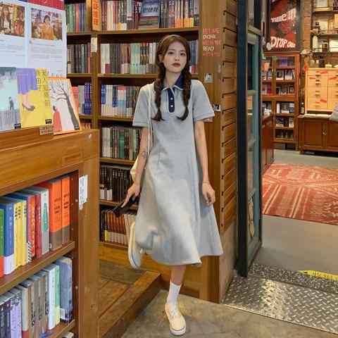 New bubble sleeve dress women's college style polo collar design sense niche students medium and long skirt