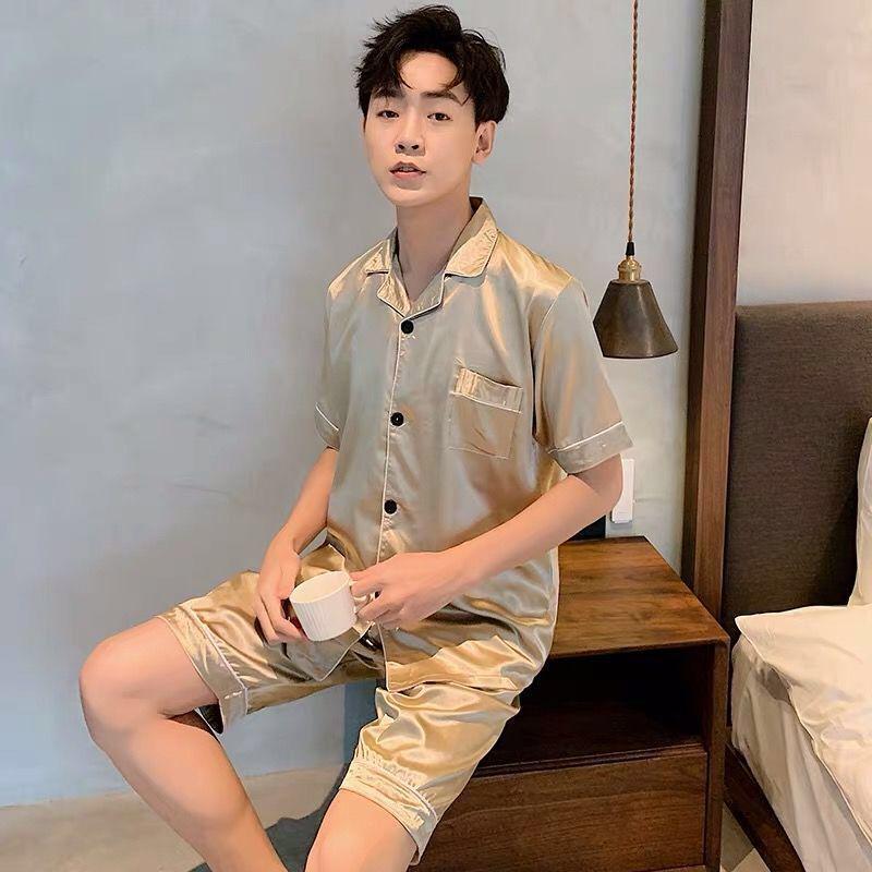 2025 Spring Men's Solid Color Ice Silk Cardigan Pajama Set - Short Sleeve & Shorts