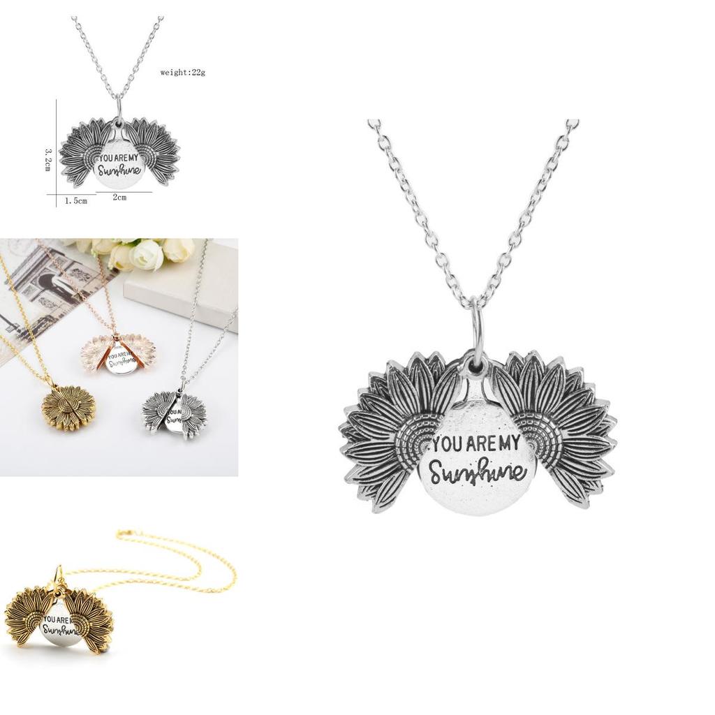 Sunflower Double Layer Locking Necklace With Engraved Flower Pendant For Couples