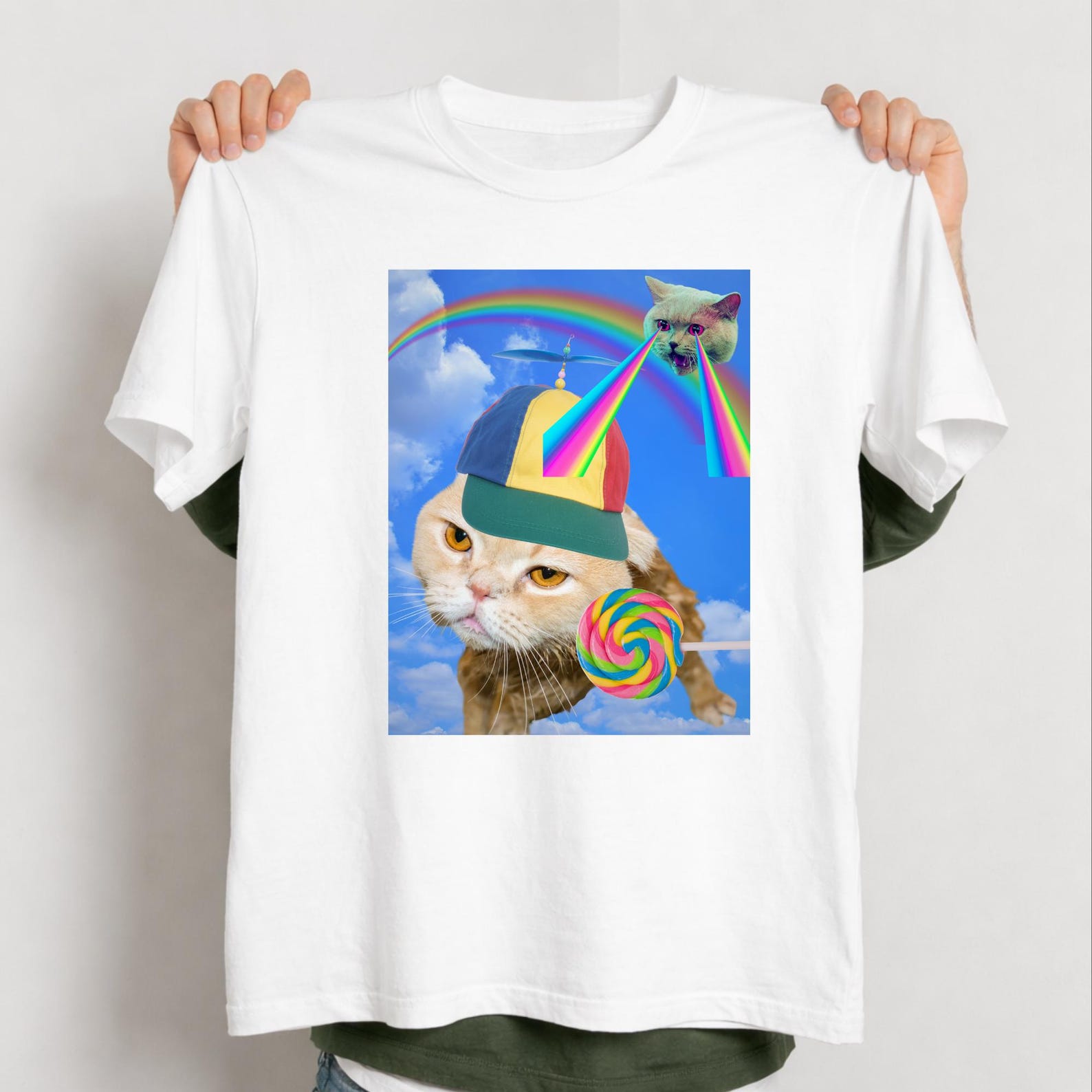 Rainbow Laser Cat Shirt, Trippy Cat Graphic Tee, Funny Psychedelic Cat T-Shirt, Colorful Meme Cat Gift, Weirdcore Aesthetic Unisex Shirt. XL