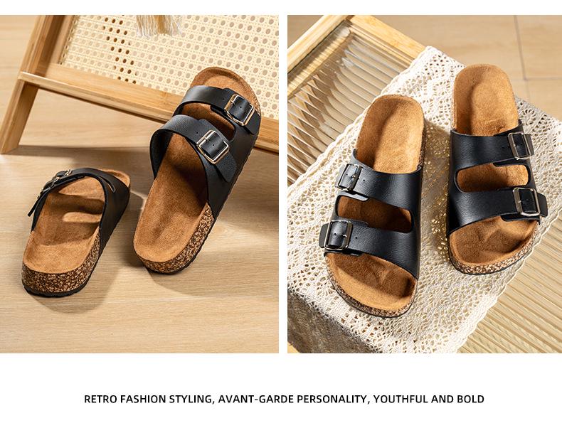 Birkenstock Unisex Cork Leather Double-Buckle Flip Flops: Retro, Thick-Soled, Outdoor Half-Slippers for Men and Women