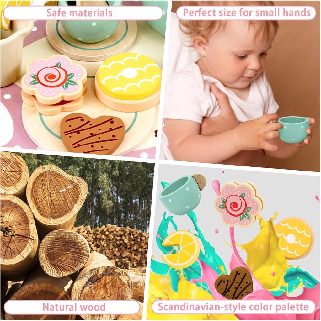 Children's Wooden Tea Service, Kids’ Kitchen Accessories, Toy Tea Set for Tea Party, Wood Kitchen Toys for Role Play, Gift for Little Girls and Boys