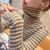Women's Autumn Winter High-Neck Base Layer - Versatile Long Sleeve Striped Slim-Fit Knit T-Shirt for Inner Wear