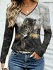 Fashion Women's V-Neck Long Sleeve 3D Casual Color Printing Casual Long Sleeve V-Neck T-Shirt