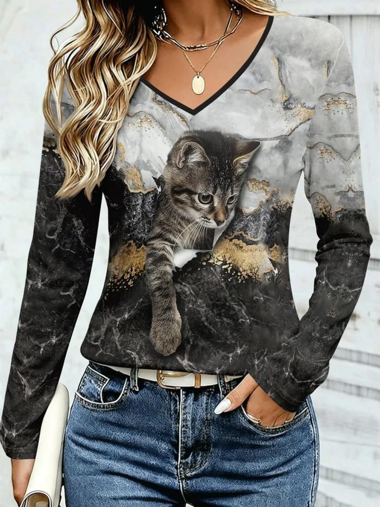 Fashion Women's V-Neck Long Sleeve 3D Casual Color Printing Casual Long Sleeve V-Neck T-Shirt