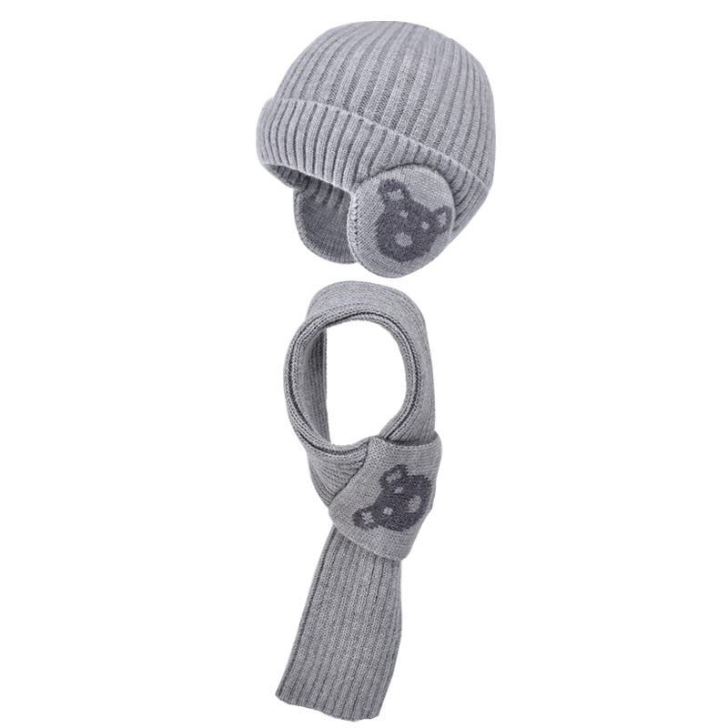 

Дитяча шапка з мультяшним ведмедиком, шарф, комплект із двох предметів, зимовий теплий пуловер, шапка, хлопчики, дівчатка, захист вух, в язана вовняна шапка світло-сірий колір