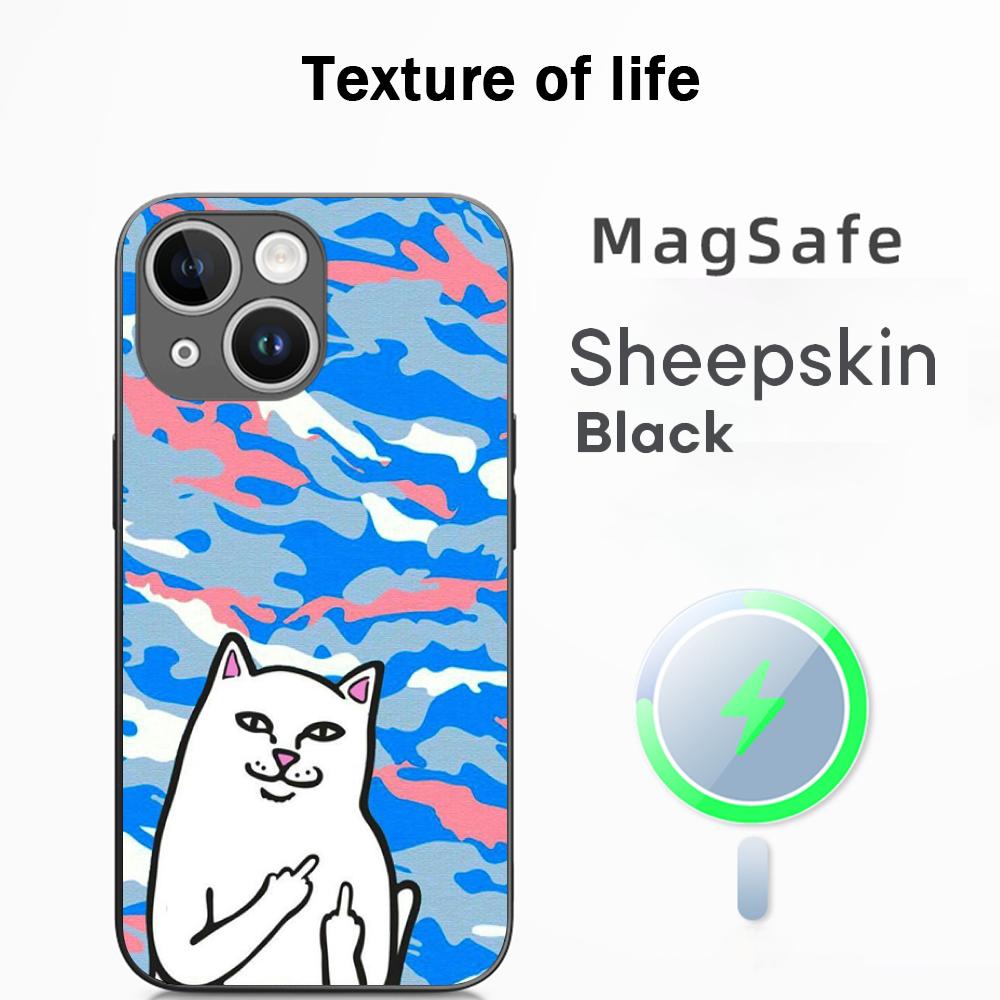 Fashion hip hop middle finger cats ins Phone Case For iPhone 16 15 14 13 12 11 Plus Pro Max  High-end Luxury Magsafe Sheepskin