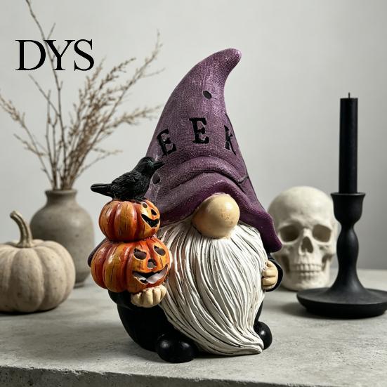 Unique Holiday Shelf Decor Halloween Gnome Statue, EEK BOO Resin Elf Dwarf Figurine with Pumpkin Creative Indoor Party Tabletop Crow Skull,