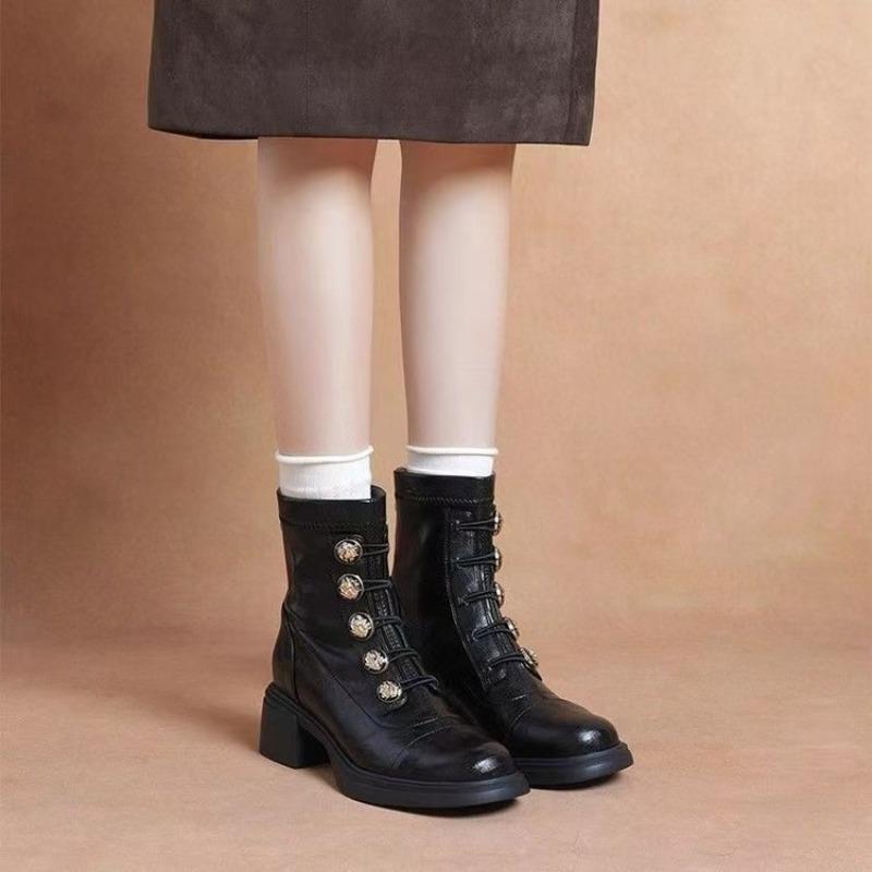 New Fleece Boots, Round Toe, Medium Thick Heel Boots, Anti-slip Women's Shoes