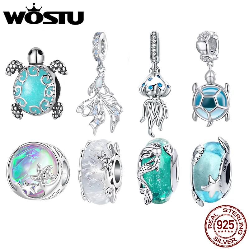 WOSTU 925 Sterling Silver Ocean Mermaid Charms Sea Turtle Pendant Rainbow Crystal Pearl Beads Fit Original Bracelet DIY Neckalce
