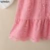 VONDA Women Casual Bow Knot Neck Long Sleeve Lace Crochet Patchwork Elegant Ruffled Dress
