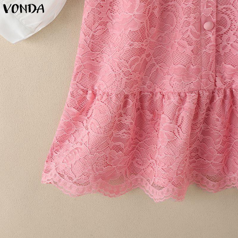 VONDA Women Casual Bow Knot Neck Long Sleeve Lace Crochet Patchwork Elegant Ruffled Dress