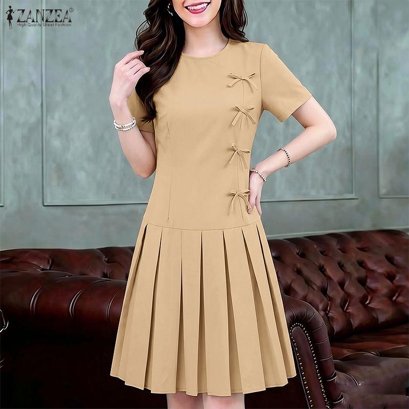 ZANZEA Women Casual Round Neck Solid Color Short Sleeve Dress
